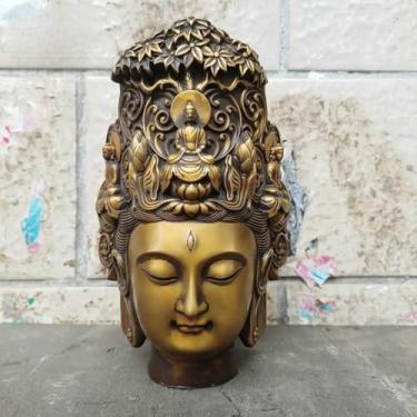 Imagem de FENNYYAR Estátua de bronze com cabeça de Buda em latão Avalokitesvara Bodhisattva, 25 cm 9,8 polegadas, ornamento oferecido pelo templo para decoração de casa artesanato