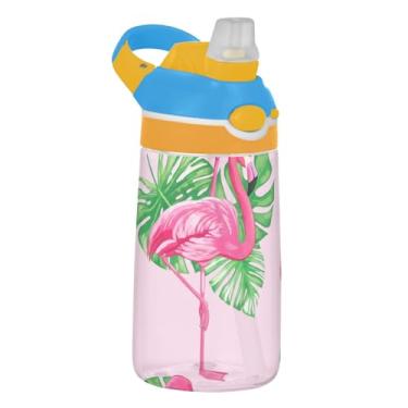 Imagem de Garrafa de água esportiva infantil rosa flamingo tropical pastel macio para escola, 473 ml Tritan 473 ml garrafa de água com canudo, copo infantil reutilizável à prova de vazamento, alça de transporte