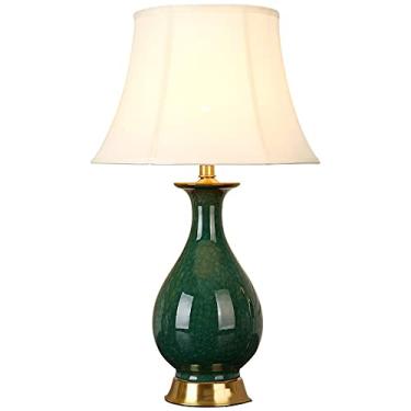 Imagem de Abajur de mesa para quarto, em porcelana verde/rosa, fabricado em Jingdezhen, com cúpula de tecido. Ideal para escritório, mesa de cabeceira ou para uso doméstico.