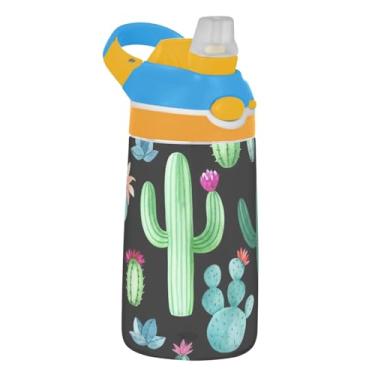 Imagem de Garrafa de água preta cacti infantil com canudo 473 ml 473 ml Tritan garrafa de água de plástico à prova de vazamento copos de viagem portáteis para crianças, reutilizáveis, alça de transporte
