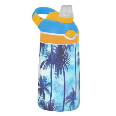 Imagem de Garrafa de água infantil portátil de 473 ml Tritan Sports com canudo à prova de vazamento, reutilizável, alça de transporte, palmeiras azuis tropicais