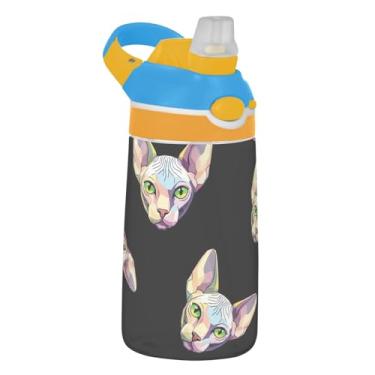 Imagem de Garrafa de água colorida Sphynx Cat preta infantil esportiva para escola, garrafa de água Tritan de 473 ml com canudo, copo de viagem infantil portátil à prova de vazamento, alça de transporte