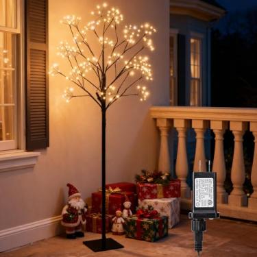 Imagem de Árvore artificial de Natal de 1,5 m com luzes de fada – 216 luzes LED pré-iluminadas para decoração de Natal com temporizador, inclui 14 lâmpadas LED piscando, para exibições de férias (branco quente)