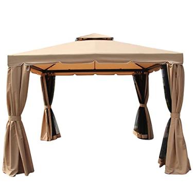Imagem de CMOLVUR Gazebo ao ar livre, tenda de telhado de 2 níveis, tenda de festa, dossel de pavilhão, abrigo de pátio com cortinas laterais de malha para quintal, jardim, disponível, 3 x 4 m
