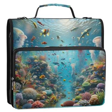 Imagem de Organizador de fichário com zíper de 3,8 cm, 3 anéis, anel D, pasta de armazenamento de água-viva oceânica com alça para fichário de ensino médio com alça