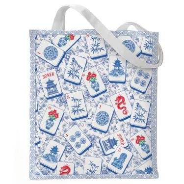 Imagem de VeloKomo Presentes de Mahjong para mulheres - Sacola reutilizável de porcelana azul e branca de algodão bolsa de supermercado para trabalho, viagem, compras, acessórios, estilo chinês, presente de