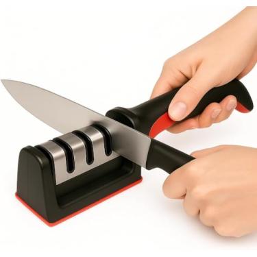 Imagem de Amolador e Afiador de Facas Profissional 3 em 1 – Aço Durável, Cabo Ergonômico, Base Antiderrapante e Corte Preciso - Qualidade Premium