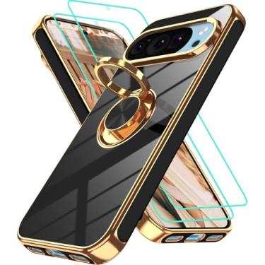 Imagem de Gritup Capa para celular Google Pixel 10 Pro com 2 peças protetoras de tela | Suporte magnético de rotação de 360° | Capa protetora básica de TPU macio com borda dourada revestida para Pixel 10 preta