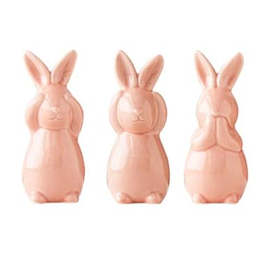 Imagem de Conjunto de três estatuetas de coelhinho da Páscoa de cerâmica rosa - Hear No Evil, See No Evil, Say No Evil Rabbit Statue Set, 12 a 12 cm de altura, decoração de primavera de Páscoa