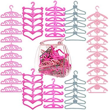 Imagem de HighFun 50 peças de cabides de boneca para cabides Barbie para roupas de boneca, 1 caixa adorável rosa de armazenamento para bonecas de 12 polegadas