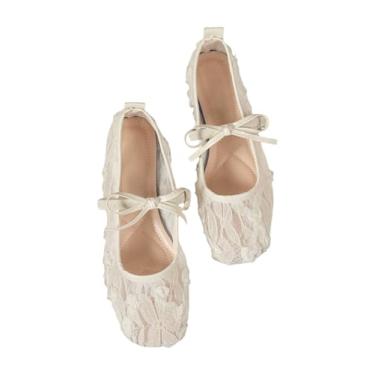 Imagem de OYOANGLE Sapatilhas femininas de renda floral de malha de balé, confortável, elegante, bico quadrado, com laço, Branco, 38