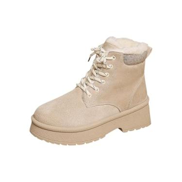 Imagem de Botas de neve femininas casuais de inverno bico redondo com cadarço quente fundo grosso botas planas para clima frio calçado confortável durável, Branco, 38