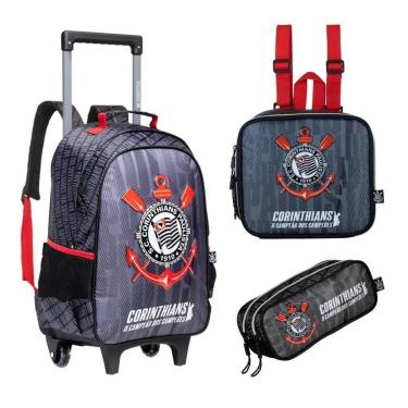 Imagem de Kit Mochila Com Carrinho Lancheira Térmica e Estojo Duplo Corinthians Timão Oficial-Unissex