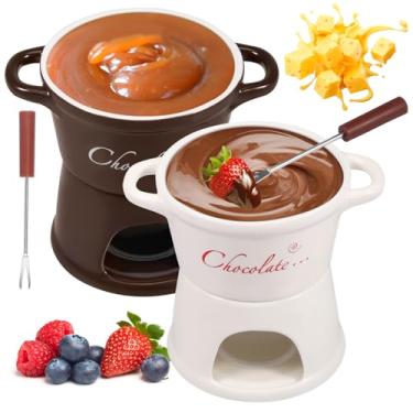Imagem de Conjunto de fondue de cerâmica 300 ml garfo de aço inoxidável fondue chá leve queijo derreter panela de derretimento ideal para biscoito de Natal pacote com 2