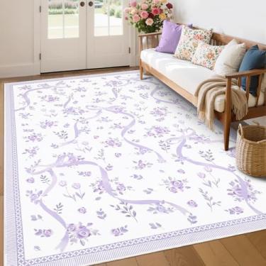 Imagem de GarveeHome Tapetes de laço roxo para quarto de meninas, tapete lavável 15 x 23 para sala de estar com pelo baixo macio, tapetes florais 15 x 23 lavanda para sala de jantar, berçário, sala de jogos