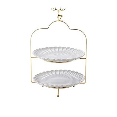 Imagem de Tigela de frutas tigela de frutas de cerâmica criativa cesta de frutas dupla sala de estar prato de frutas chá da tarde doces bolo suporte pão lanches (cor: branco)