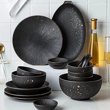 Imagem de Conjunto de louça de cozinha, pratos e tigelas resistentes a lascas | 27 peças de talheres de cerâmica Phnom Penh preto para reunião de família e presente moderno