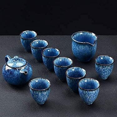 Imagem de Chaleira de cerâmica chinesa, conjunto de bule de chá de cerâmica para troca de forno, conjunto de chá de cerâmica para casa, forno Tianmu esmaltado de grés, bule de chá, caixa de chá, índigo (gelo)