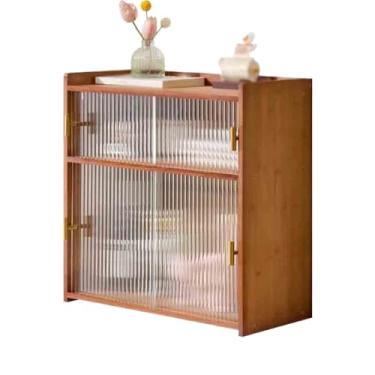 Imagem de x3anggyt5 Estante de mesa de bambu de camada dupla, prateleira de armazenamento de porta deslizante de vidro, para escritório, casa, dormitório, estante de exibição (L42xL25xH53 cm)
