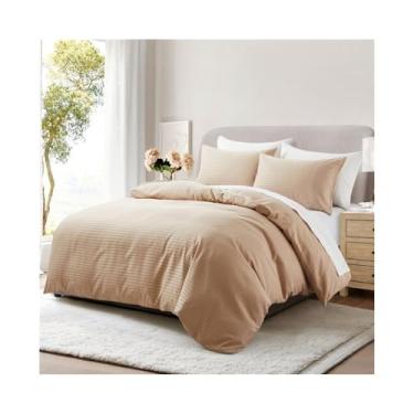 Imagem de Capa de edredom de cetim de cor pura, 2/3 peças, super macia, luxuosa, listras sedosas, reversível (cáqui, solteiro americano (173 x 229 cm))