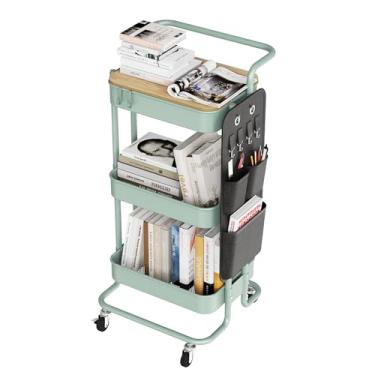 Imagem de Carrinho de rodinhas utilitário de metal DTK de 3 níveis com tampo de mesa e sacos laterais, carrinho organizador de armazenamento de bandeja de metal com rodas, carrinho de artesanato com 4 ganchos