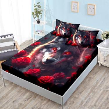 Imagem de HOSIMA Jogo de cama Queen com estampa de lobo no meio cercado de rosas vermelhas, preto leve lobo para decoração de quarto de adolescentes, 1 lençol com elástico + 2 fronhas.