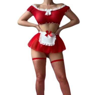Imagem de nujett Conjunto de lingerie feminina Red Maid com ombro de fora, minissaia com avental de renda e laço