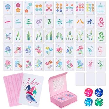 Imagem de Soulchen 168 Pcs Mahjong Playing Cards American Style Blossom Numbered Large Print PVC Poker Mahjong Tiles with 4 Dices 2 Storage Box for Travel Home Table, Portable Gift for Adults Beginners (Pink)