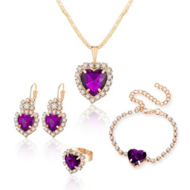 Imagem de RLHRNDE Conjunto de 4 peças de joias de coração para mulheres fashion com pingente de zircônia cúbica colar pulseira brincos delicados anel aberto charme festa de formatura, aniversário, dia dos