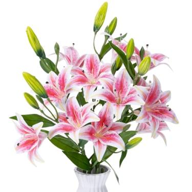 Imagem de Dingion 6 peças, 18 cabeças, flores de lírio artificiais, 70 cm, ramo longo, buquê falso de látex, realista, 3 cabeças de flores grandes e 3 botões para vaso alto, decoração de casamento (rosa)