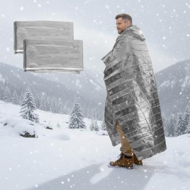 Imagem de Cobertor térmico de emergência, 2 peças, cobertor espacial de filme de alumínio refletivo para acampamento, caminhada, equipamento de sobrevivência, folha de isolamento dobrável leve prata (210 * 160