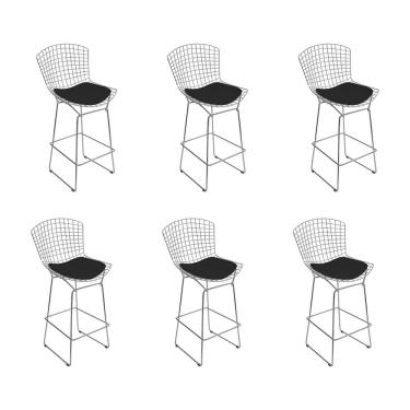 Imagem de Kit 6 Banquetas Alta Bistrô Bertoia Cromada D70 Com Assento Sintético Preto