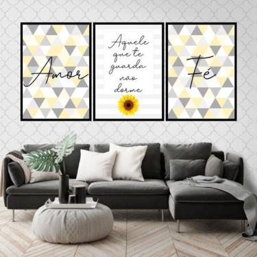 Imagem de Kit 3 Quadros Amor Fé Geométrico Triângulos 60X40Cm Preta