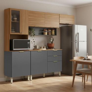 Imagem de Armário De Cozinha Completa Com Balcão 8 Portas 2 Gavetas 2,50m Alba Demóbile Madeirado/grafite