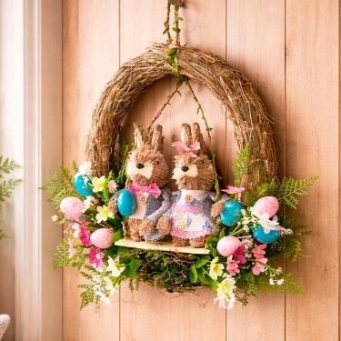 Imagem de Guirlanda Arranjo Casal Coelho Ovos Decoração De Páscoa 35cm
