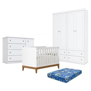 Imagem de Quarto De Bebê Americano 4 Portas Com Berço Americano Flip Branco Acetinado Reller E Colchão Tendtudo - Henn