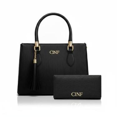 Imagem de Bolsa Feminina Média de Ombro + Carteira Kit Com 2 Peças - CINF, Preto