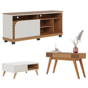 Imagem de Rack Bancada Jurerê 1.5 Freijó Off White Matte com Mesa de Centro Jeri Off White Freijó e Aparador Riviera Freijó – Colibri