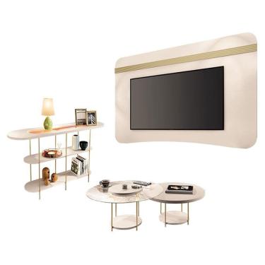 Imagem de Painel Suspenso Armony Off White Champanhe com Kit Mesa de Centro Sky e Aparador Infinity Off White - HB Móveis