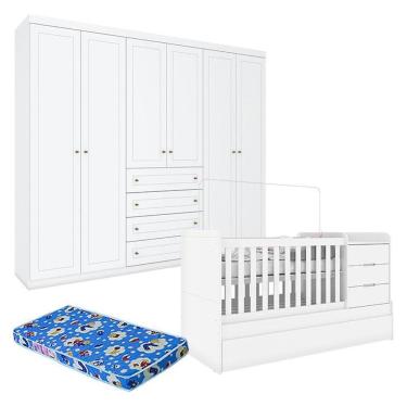 Imagem de Berço Multifuncional Cleo e Guarda Roupa Infantil 6 Portas Mississipi Branco Fosco com...