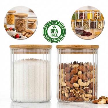 Imagem de Jogo 2 Potes de Vidro Hermético Canelado Tampa Bambu 700ml - Lehavi