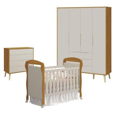 Imagem de Quarto de Bebê 4 Portas com Cômoda Gaveteiro Elfe Retrô e Berço Americ