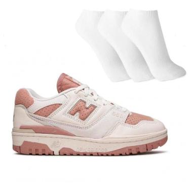 Imagem de Tenis New Balance 550 Feminino + 3 Pares de Meias, Bege, Rosa, 39