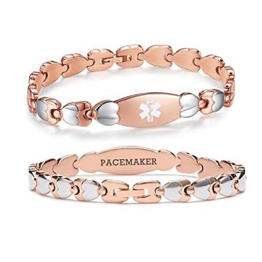 Imagem de LinnaLove Pulseira de identificação médica de coração duplo para mulheres 19 cm de aço inoxidável fashion, metal, Sem pedras preciosas