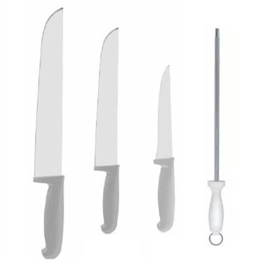 Imagem de Kit Faca Açougueiro Churrasco Cozinha Aço Inox 6 8 12 Chaira Cabo Branco com 4UN