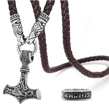 Imagem de BaviPower Mjolnir The Thor's Hammer Pendant with Brown Wolf Head Leather Necklace ♦ Aço inoxidável ♦ Colar escandinavo nórdico ♦ Joia Viking autêntica ► Anel de corrida ajustável de bônus