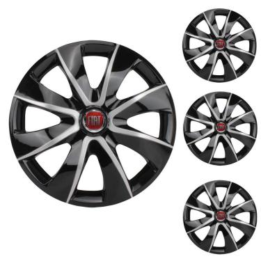 Imagem de Jogo Calota Aro 14 Prime Black Silver Elitte Preto Prata + Emblema Resinado Fiat Palio Uno Punto Linea Strada Idea Siena Fiorino Doblo Mobi Bravo Argo