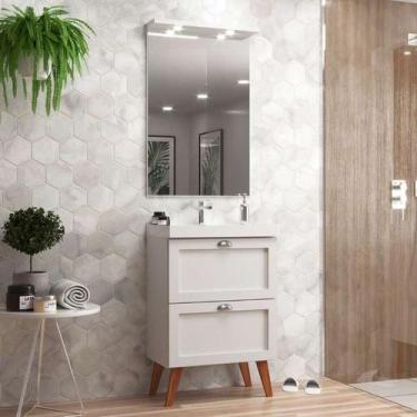 Imagem de Gabinete Para Banheiro Com Cuba E Espelheira 60cm Retro Mdf Branco Mil