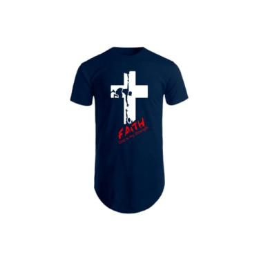 Imagem de Camisa Camiseta Longline Estampas Faith Gospel Crista (GG, Azul Marinho)