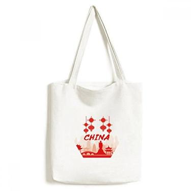 Imagem de Sacola de lona com contorno vermelho China sacola de compras bolsa casual bolsa de mão